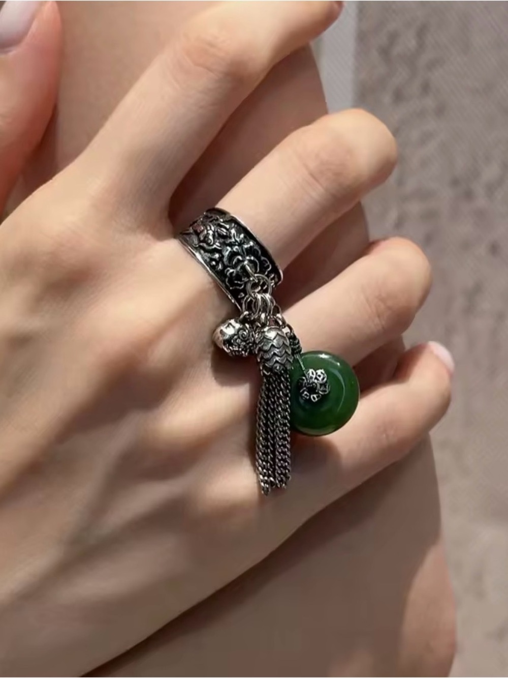 Silver Floral Spoon Ring with Green Glass Charm Tassel 925